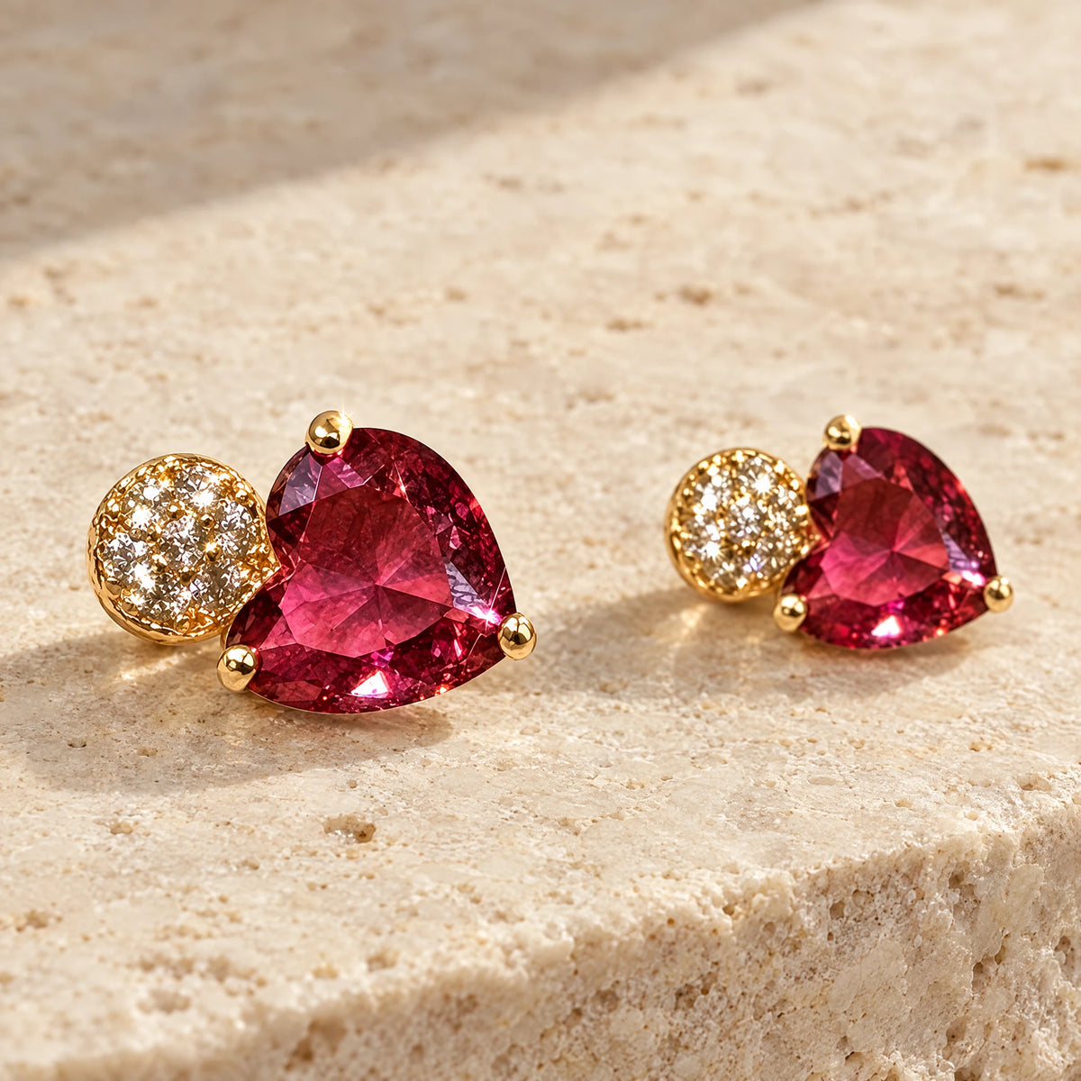 Ruby Pink Heart Crystal Stud Earrings by Oraki Jewels, detail close-up