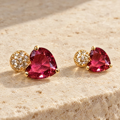 Ruby Pink Heart Crystal Stud Earrings by Oraki Jewels, detail close-up