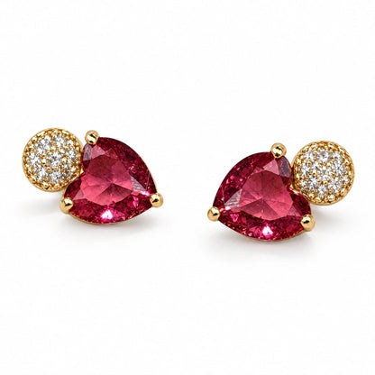 Ruby Pink Heart Crystal Stud Earrings by Oraki Jewels, angled view on white