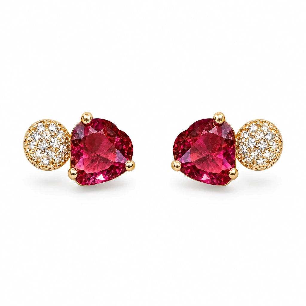 Ruby Pink Heart Crystal Stud Earrings by Oraki Jewels, front view on white