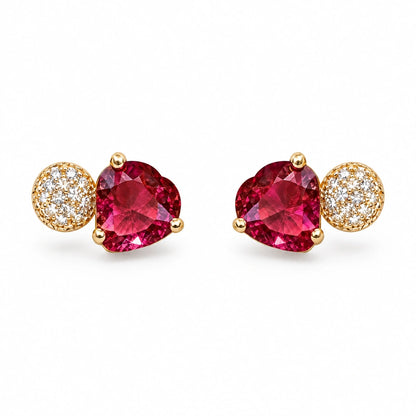 Ruby Pink Heart Crystal Stud Earrings by Oraki Jewels, front view on white