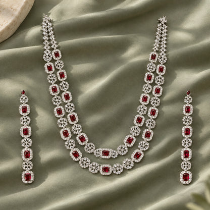 Ruby Red Cushion Crystal Necklace Set by Oraki Jewels, styled studio view