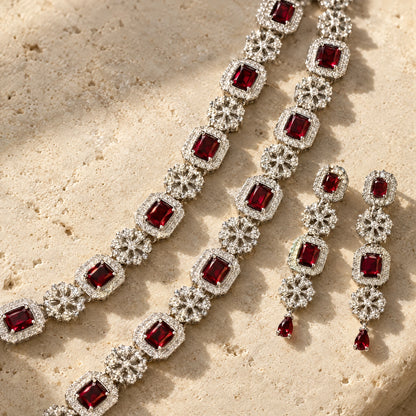 Ruby Red Cushion Crystal Necklace Set by Oraki Jewels, detail close-up