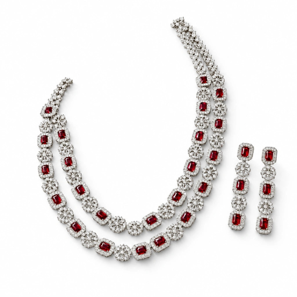 Ruby Red Cushion Crystal Necklace Set by Oraki Jewels, angled view on white