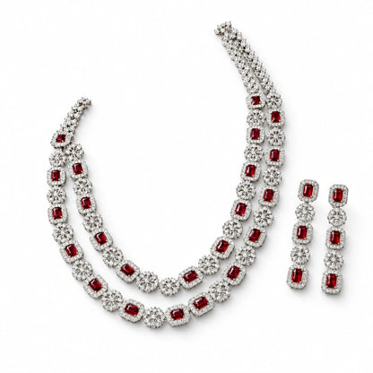 Ruby Red Cushion Crystal Necklace Set by Oraki Jewels, angled view on white