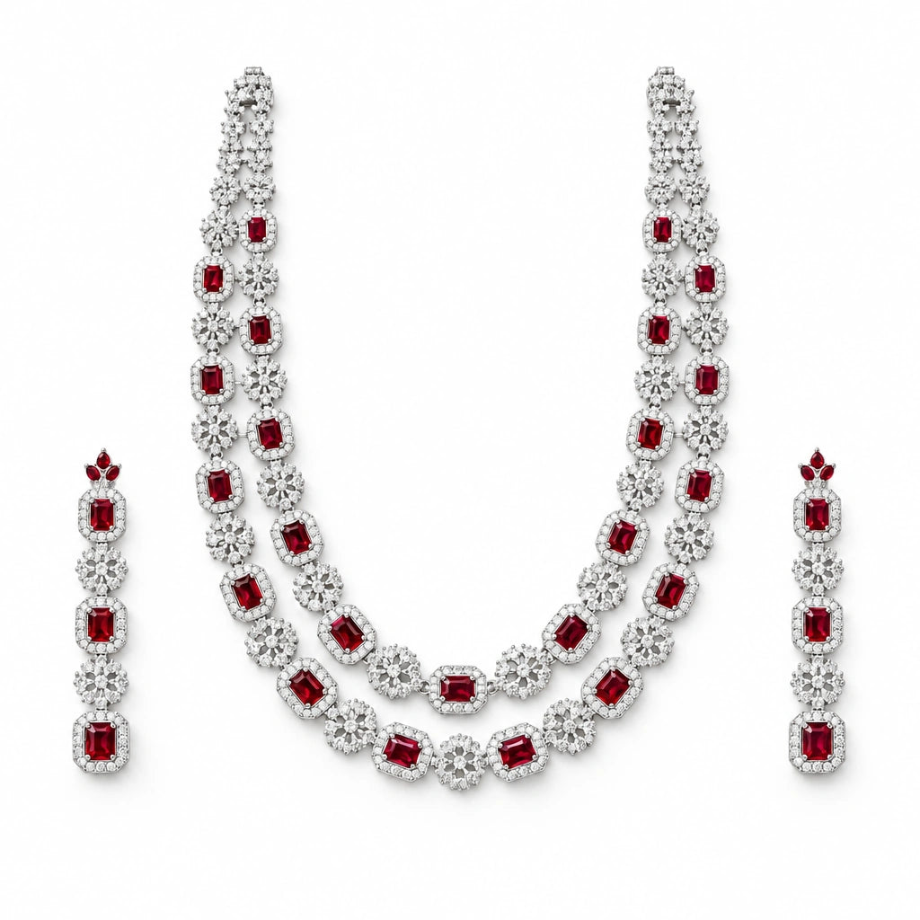 Ruby Red Cushion Crystal Necklace Set by Oraki Jewels, front view on white