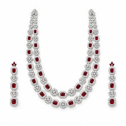 Ruby Red Cushion Crystal Necklace Set by Oraki Jewels, front view on white