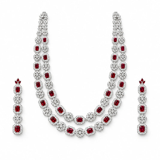 Ruby Red Cushion Crystal Necklace Set by Oraki Jewels, front view on white