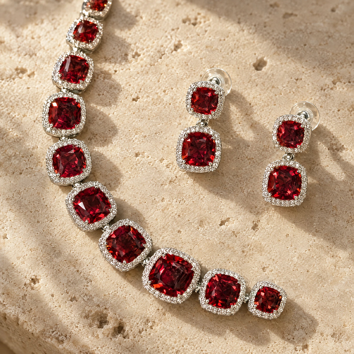 Ruby Red Cushion Tennis Necklace Set by Oraki Jewels, detail close-up