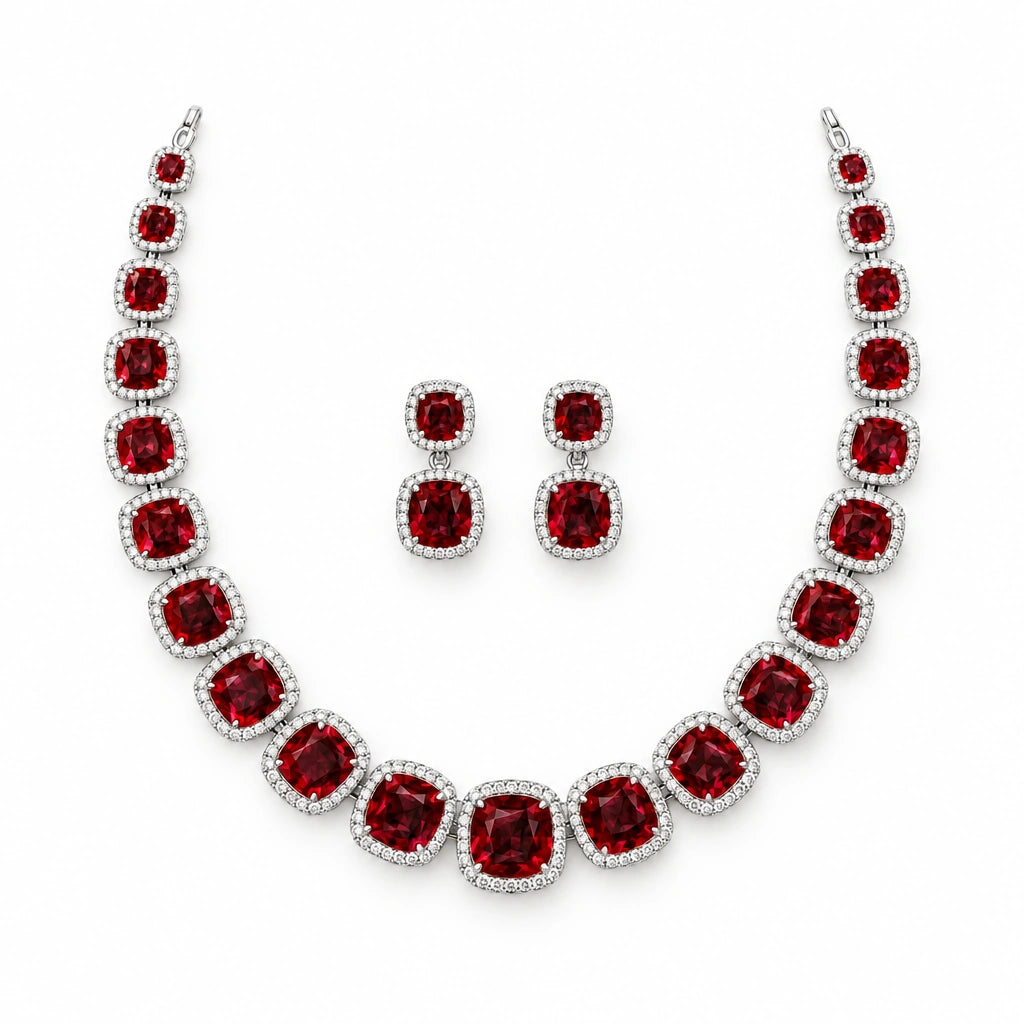Ruby Red Cushion Tennis Necklace Set by Oraki Jewels, front view on white