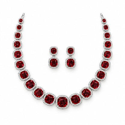Ruby Red Cushion Tennis Necklace Set by Oraki Jewels, front view on white