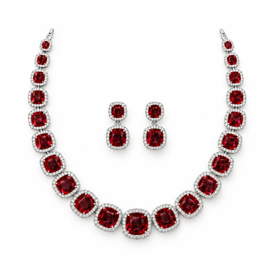 Ruby Red Cushion Tennis Necklace Set by Oraki Jewels, front view on white