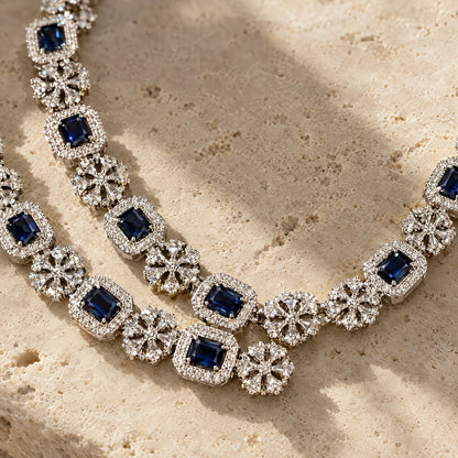 Sapphire Blue Cushion Crystal Necklace Set by Oraki Jewels, detail close-up