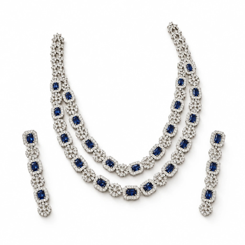 Sapphire Blue Cushion Crystal Necklace Set by Oraki Jewels, angled view on white