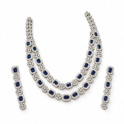Sapphire Blue Cushion Crystal Necklace Set by Oraki Jewels, angled view on white