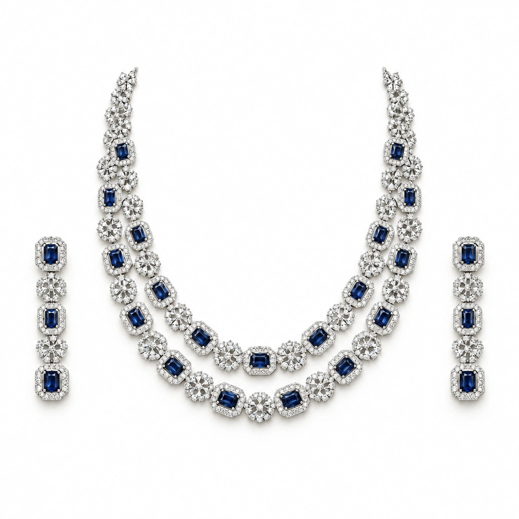 Sapphire Blue Cushion Crystal Necklace Set by Oraki Jewels, front view on white