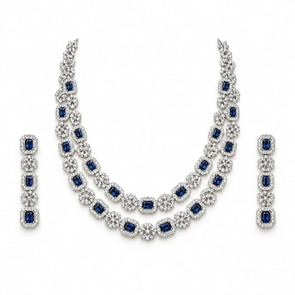 Sapphire Blue Cushion Crystal Necklace Set by Oraki Jewels, front view on white