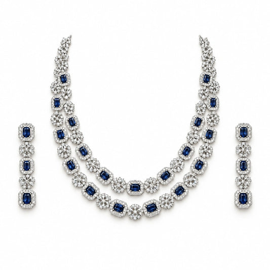 Sapphire Blue Cushion Crystal Necklace Set by Oraki Jewels, front view on white