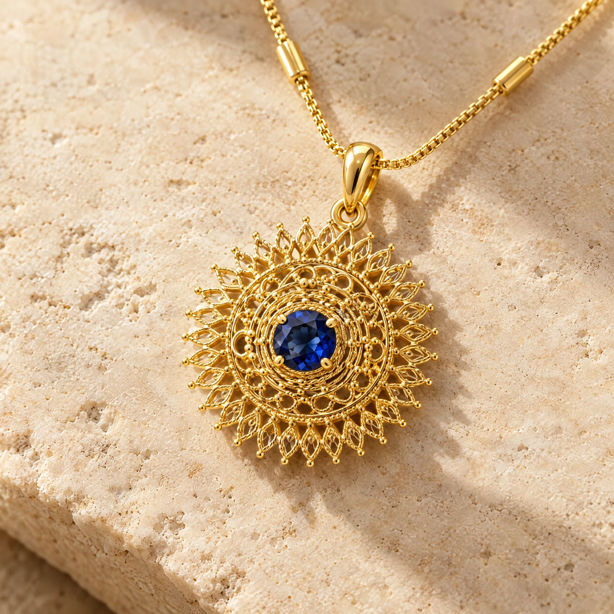 Sapphire Blue Filigree Pendant Necklace Set by Oraki Jewels, detail close-up