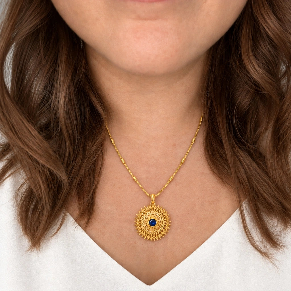Sapphire Blue Filigree Pendant Necklace Set by Oraki Jewels, shown worn in a natural studio crop