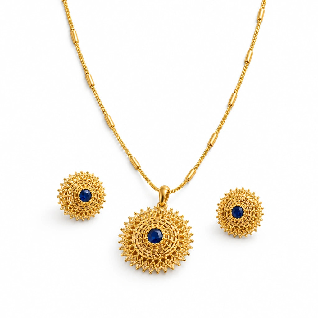 Sapphire Blue Filigree Pendant Necklace Set by Oraki Jewels, angled view on white