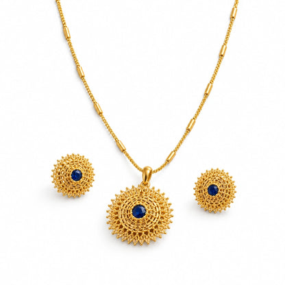 Sapphire Blue Filigree Pendant Necklace Set by Oraki Jewels, angled view on white