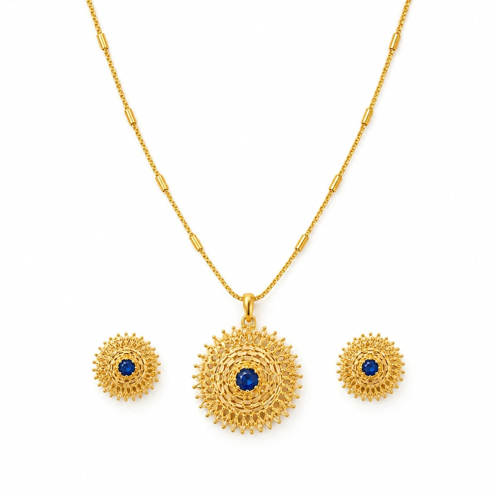 Sapphire Blue Filigree Pendant Necklace Set by Oraki Jewels, front view on white