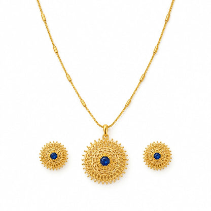 Sapphire Blue Filigree Pendant Necklace Set by Oraki Jewels, front view on white