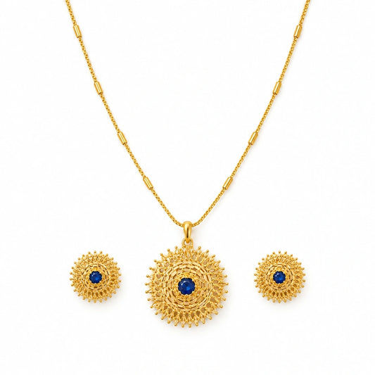 Sapphire Blue Filigree Pendant Necklace Set by Oraki Jewels, front view on white